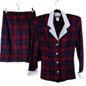 D.B.Y. Red Blue Tartan One Notched Button Long Sleeve Elastic Pull On Skirt Set